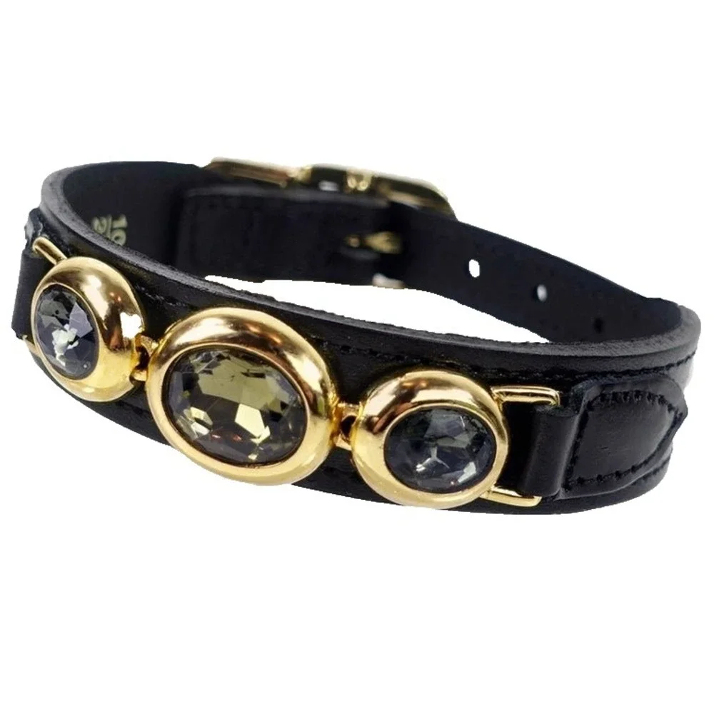 $100 HARTMAN & ROSE Regency Dog Collar Black  & 22k Gold plated, Size Small